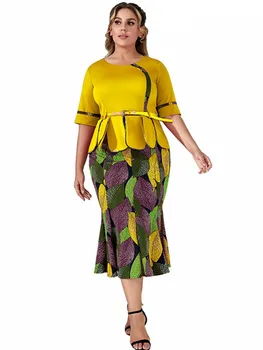 XL-4XL Afriky Šaty Pre Ženy Jeseň Africkej Ženy, Ružová, Žltá, Svetlo Modrá Polovičný Rukáv Polyester Polovici teľa Dĺžka Šaty